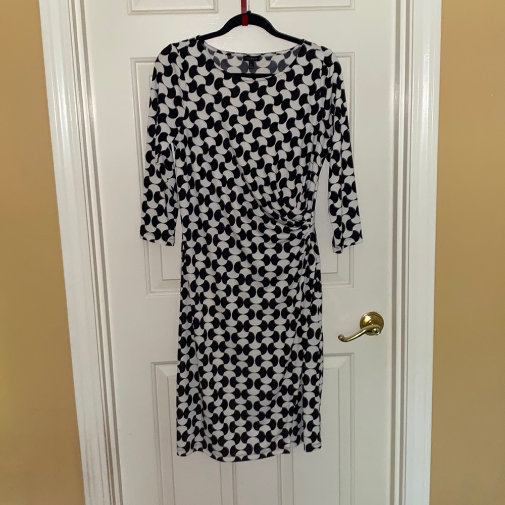 Talbots Medium, faux wrap dress in black and white.